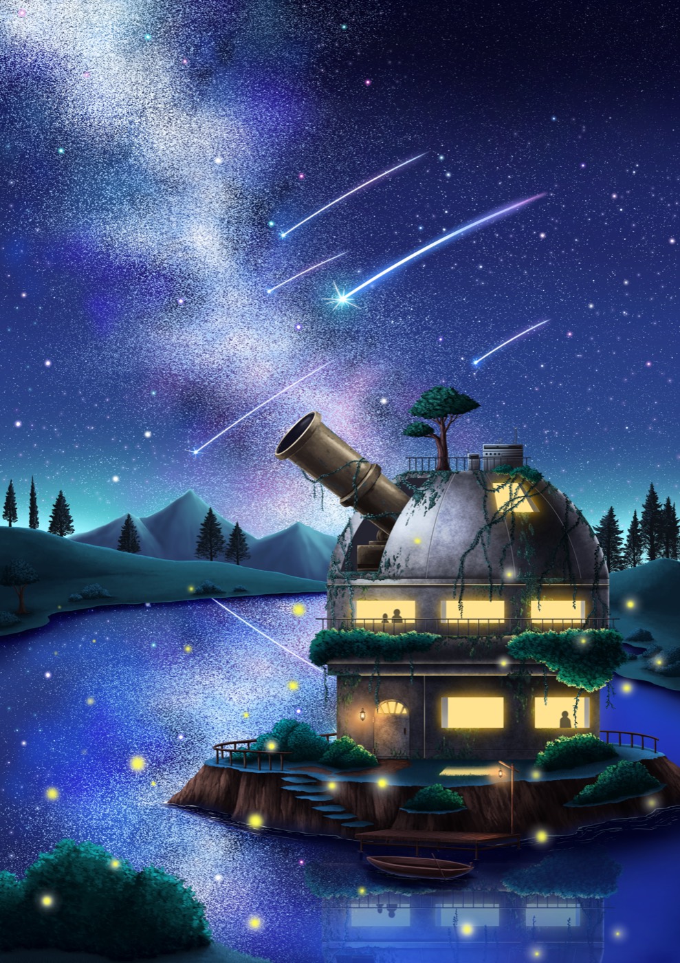 星の降る夜、湖に浮かぶ島に建つ天文台